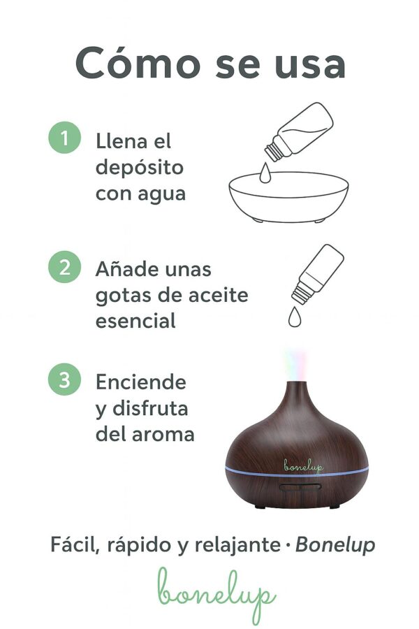 Difusor de Aromas Ultrasónico Bonelup – Humidificador 500 ml con Luz LED y Apagado Automático – Aromaterapia para Hogar y Oficina