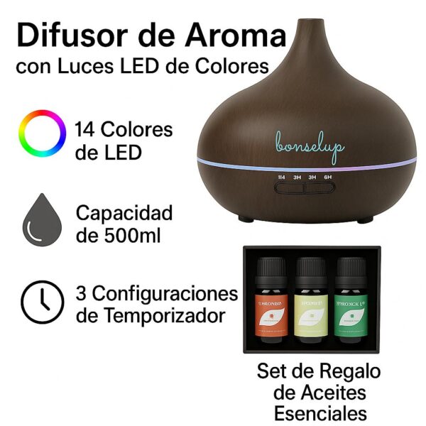 Difusor de Aromas Ultrasónico Bonelup – Humidificador 500 ml con Luz LED y Apagado Automático – Aromaterapia para Hogar y Oficina
